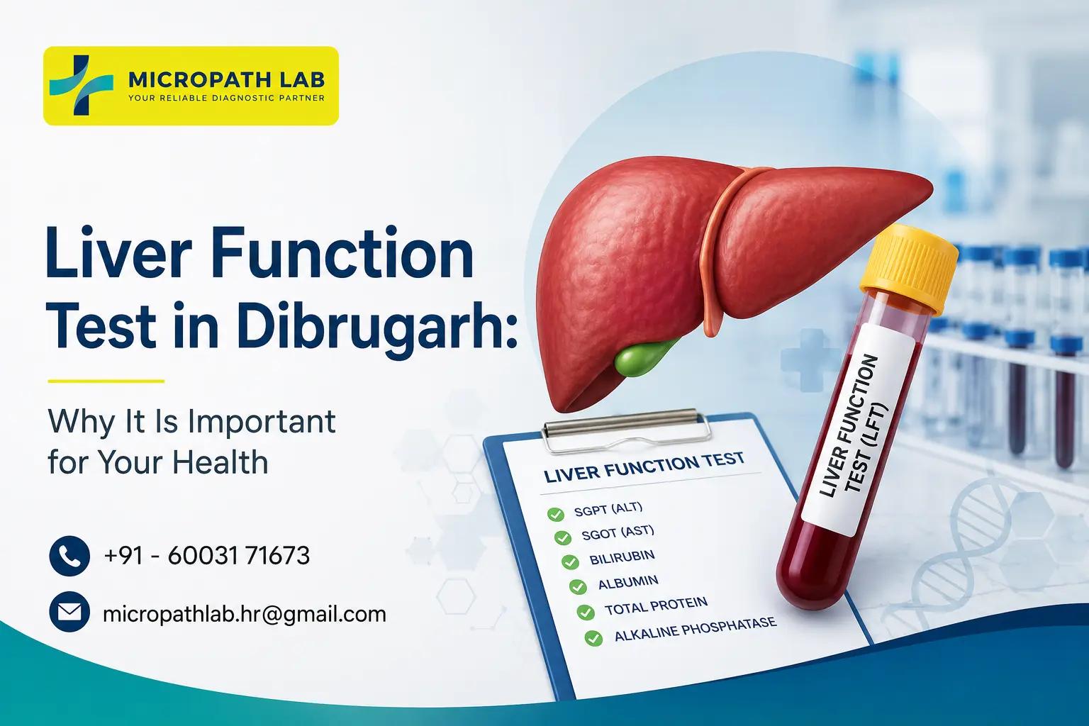 Professional feature image for Liver Function Test in Dibrugarh showing a healthy liver illustration, blood sample for LFT, and Micropath Laboratory branding promoting accurate liver health screening.