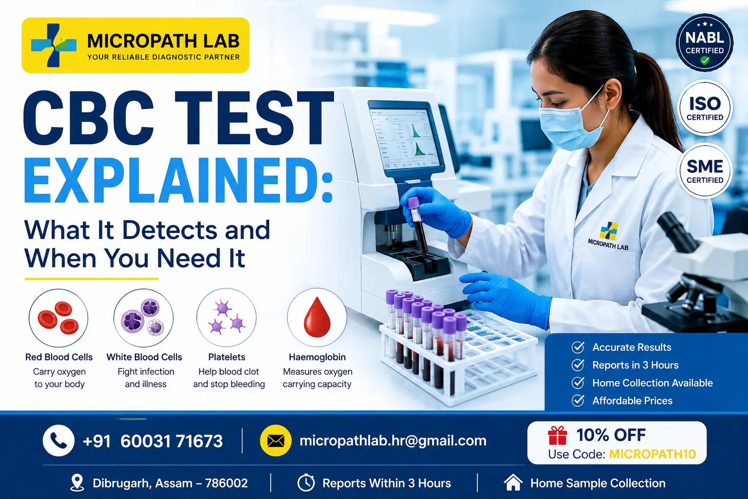 Laboratory technician performing a CBC test using an automated blood analyser at Micropath Laboratory in Dibrugarh.