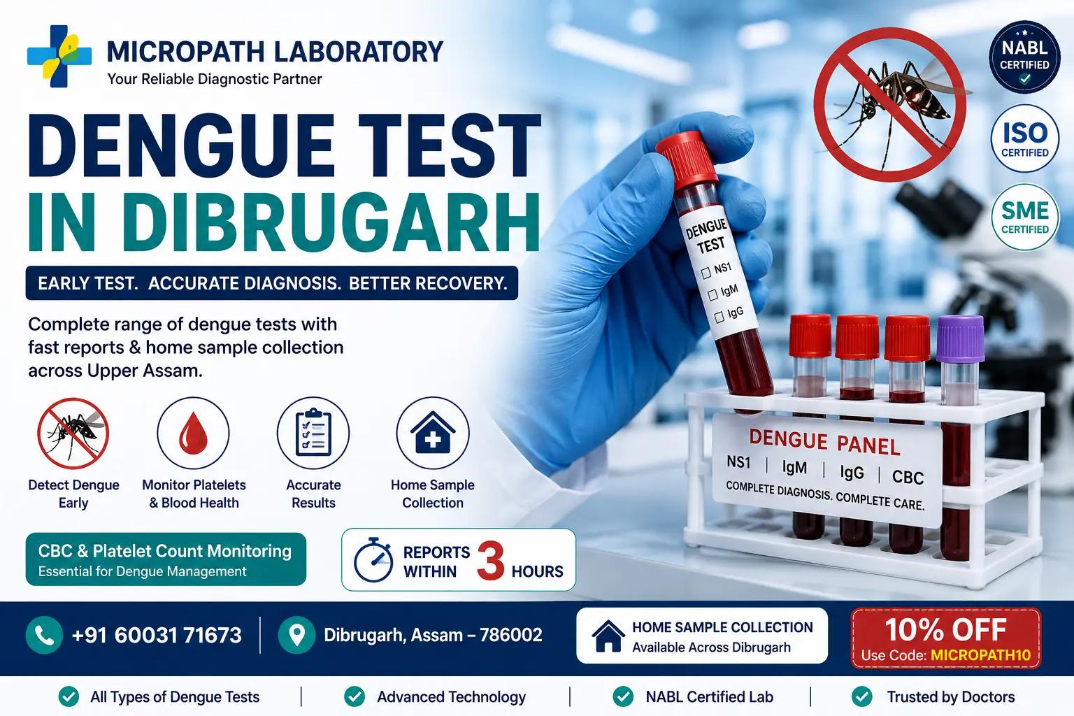 Dengue blood test at Micropath Laboratory in Dibrugarh showing NS1 antigen testing, platelet count monitoring, and advanced diagnostic services.