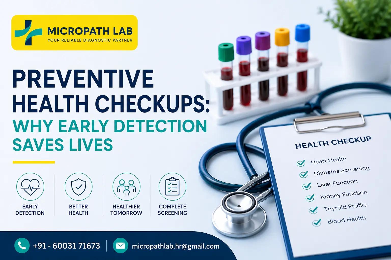 Micropath Laboratory preventive health checkup in Dibrugarh highlighting early disease detection, comprehensive health screening, home sample collection, and fast diagnostic reports.