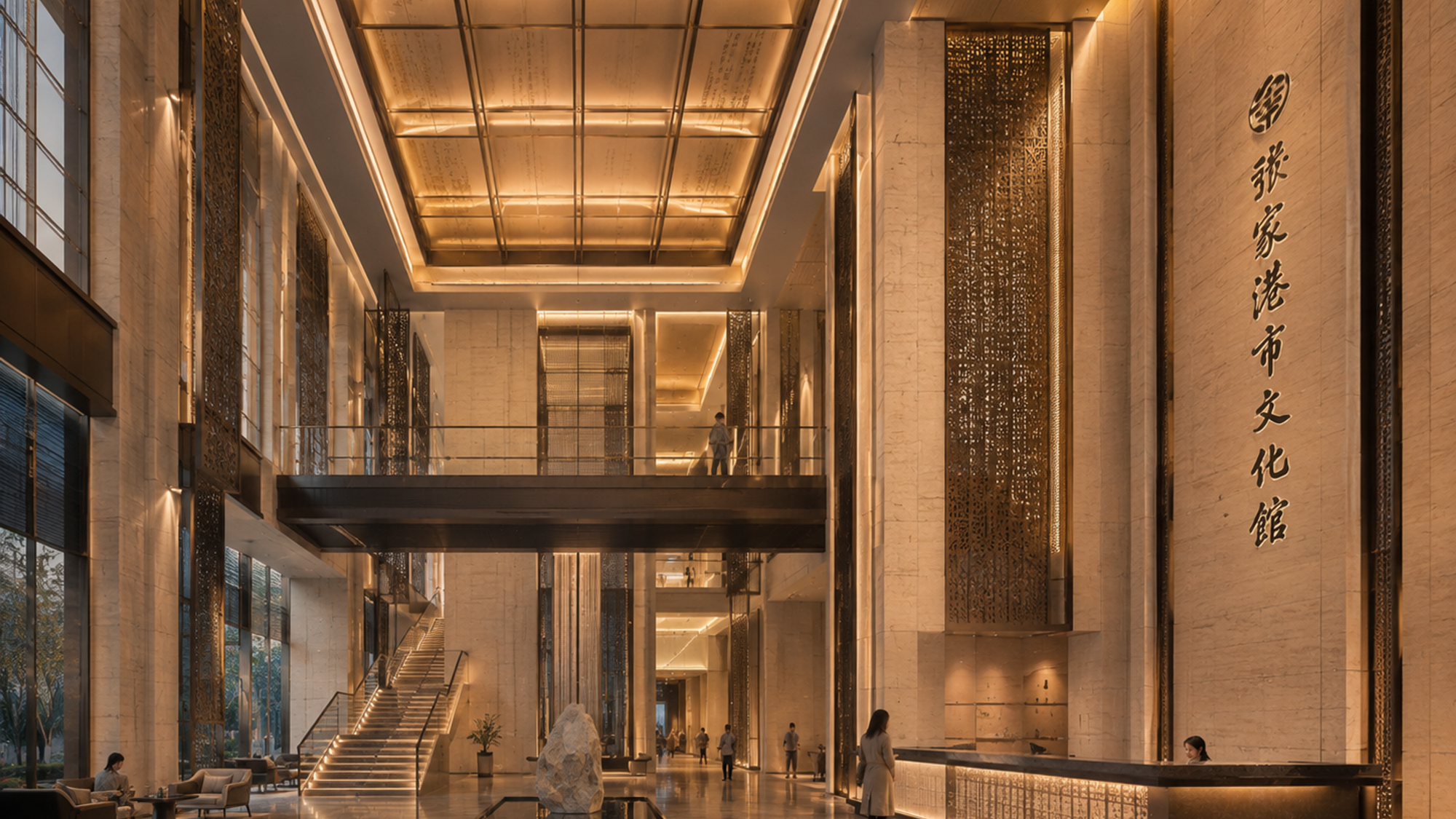 A warmly lit double-height lobby with travertine walls, bronze screens and a bridge across the void