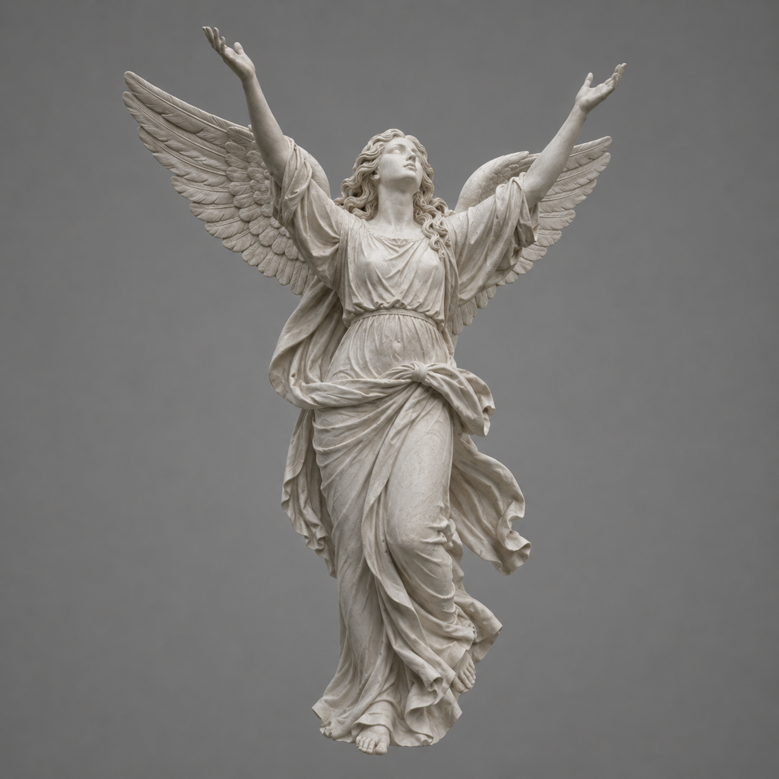 A marble angel sculpture photographed on a plain ground
