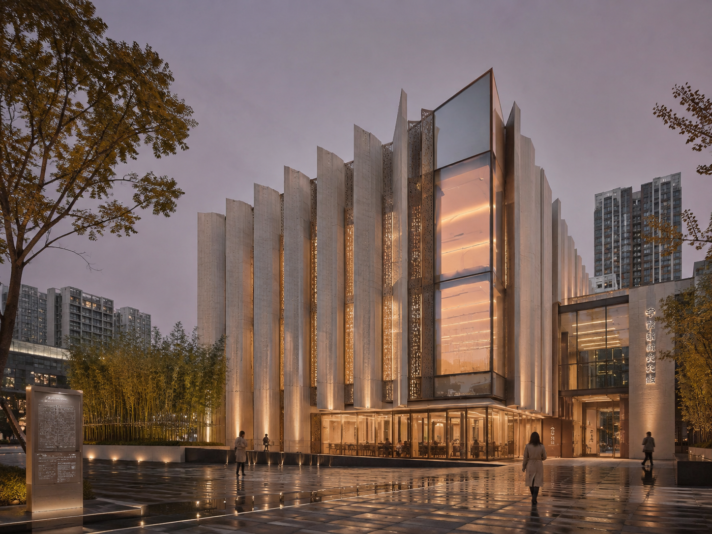 The building rendered photorealistically at dusk, warm light spilling from the lobby