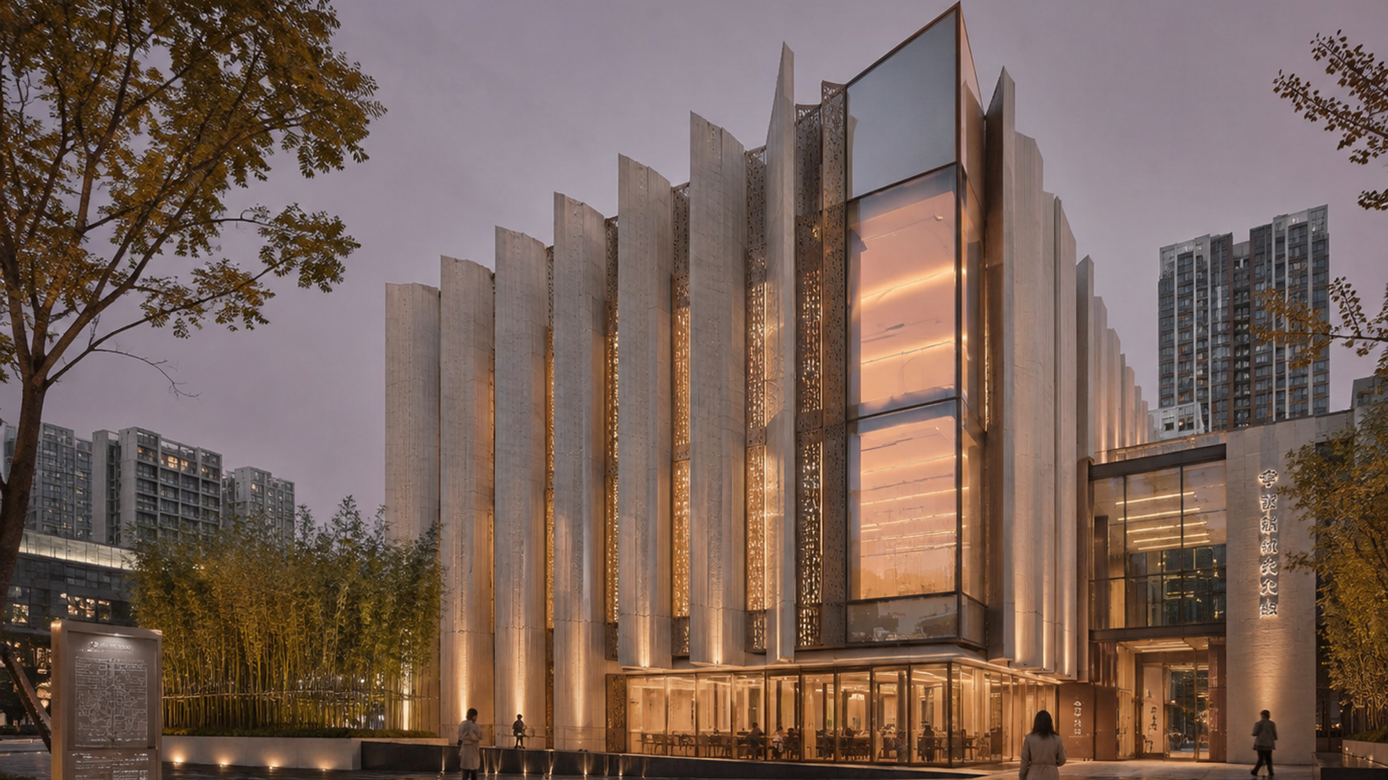 The building rendered photorealistically at dusk, warm light spilling from the lobby