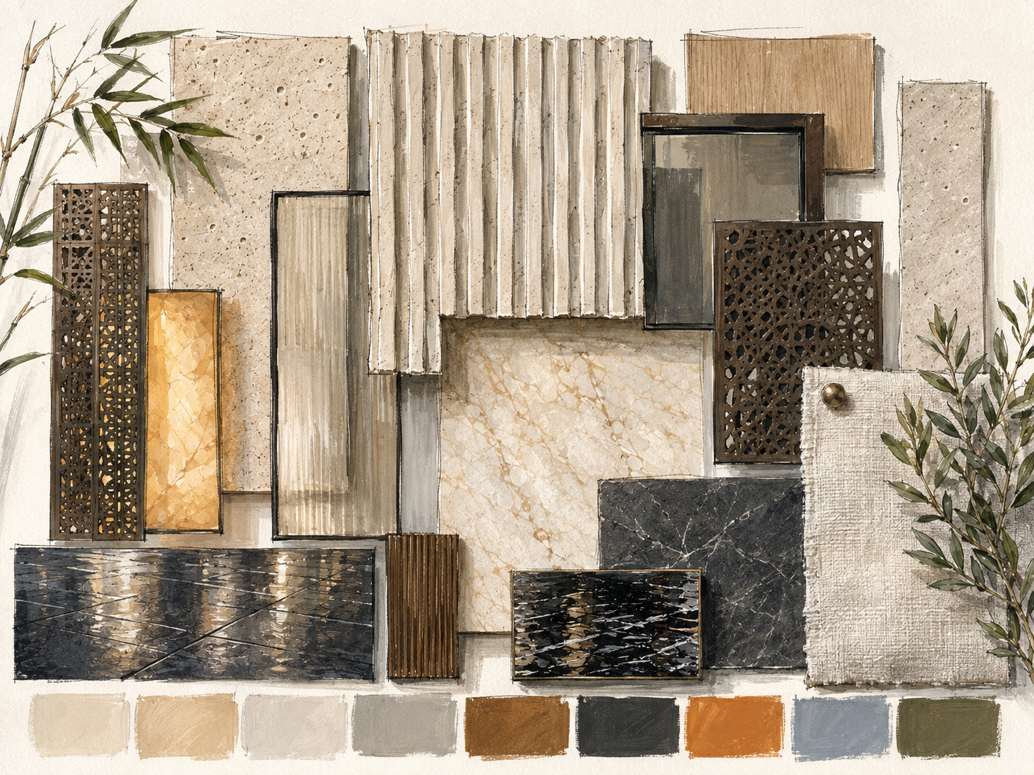 A mood board of travertine, bronze screening, marble and fabric samples with a colour palette