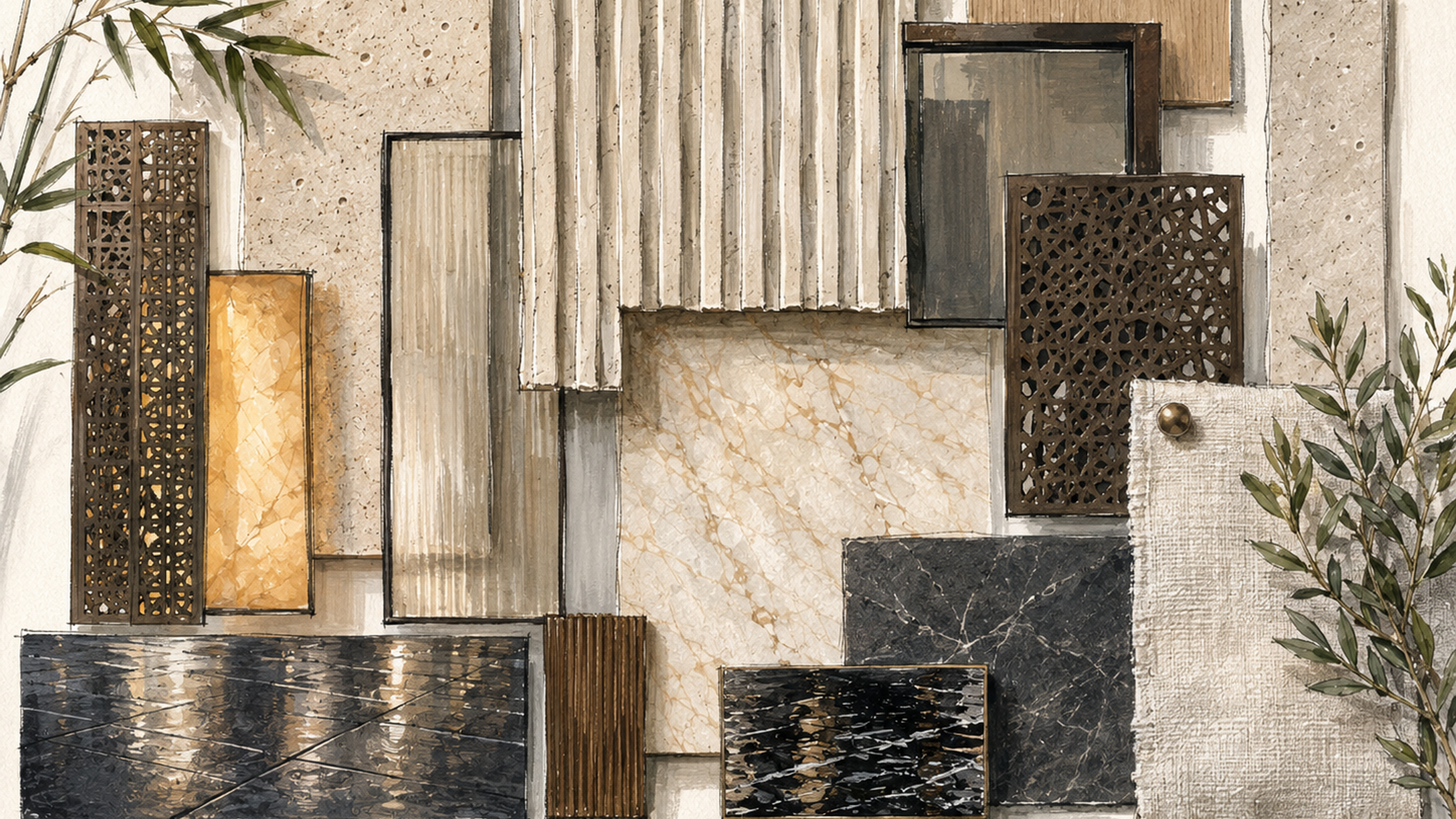 A mood board of travertine, bronze screening, marble and fabric samples with a colour palette