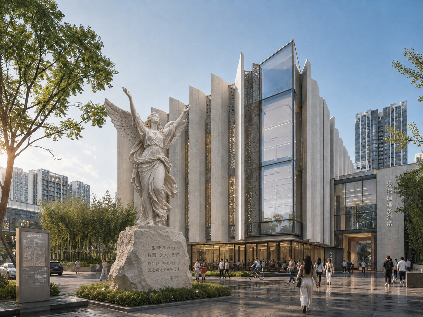 The plaza render with a marble angel sculpture placed on a plinth beside the entrance