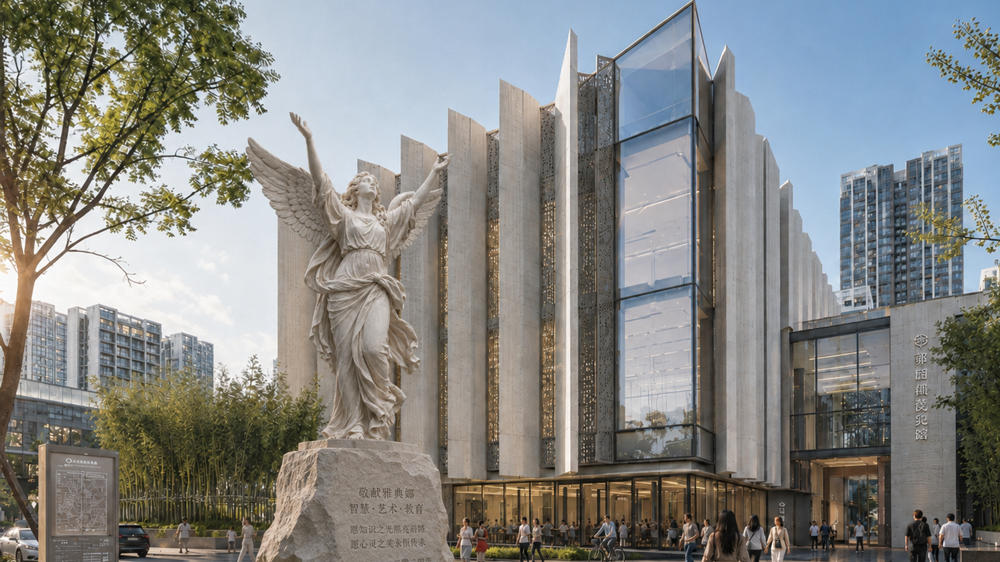 The plaza render with a marble angel sculpture placed on a plinth beside the entrance
