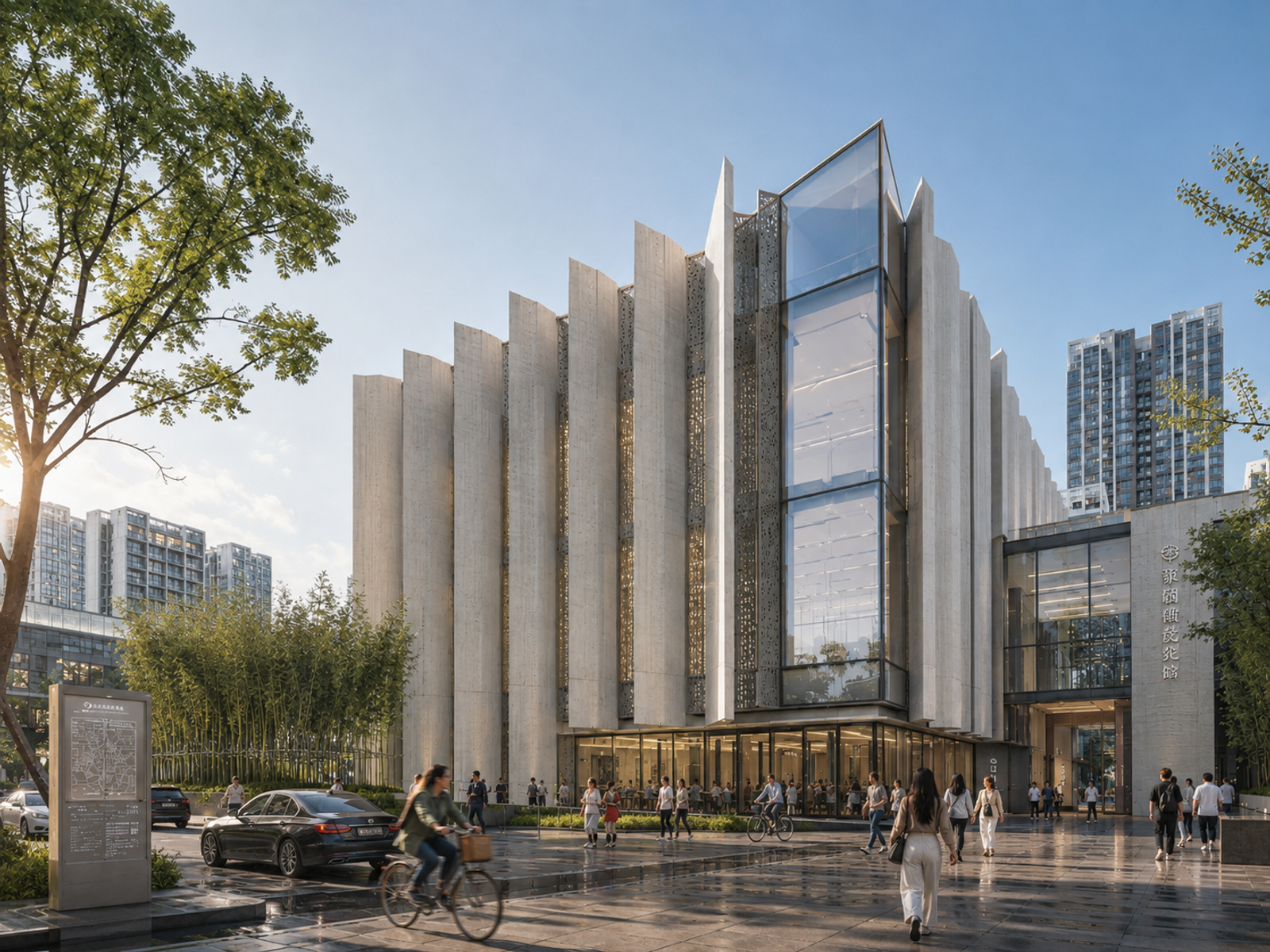 The same building rendered in clear morning light with cooler stone