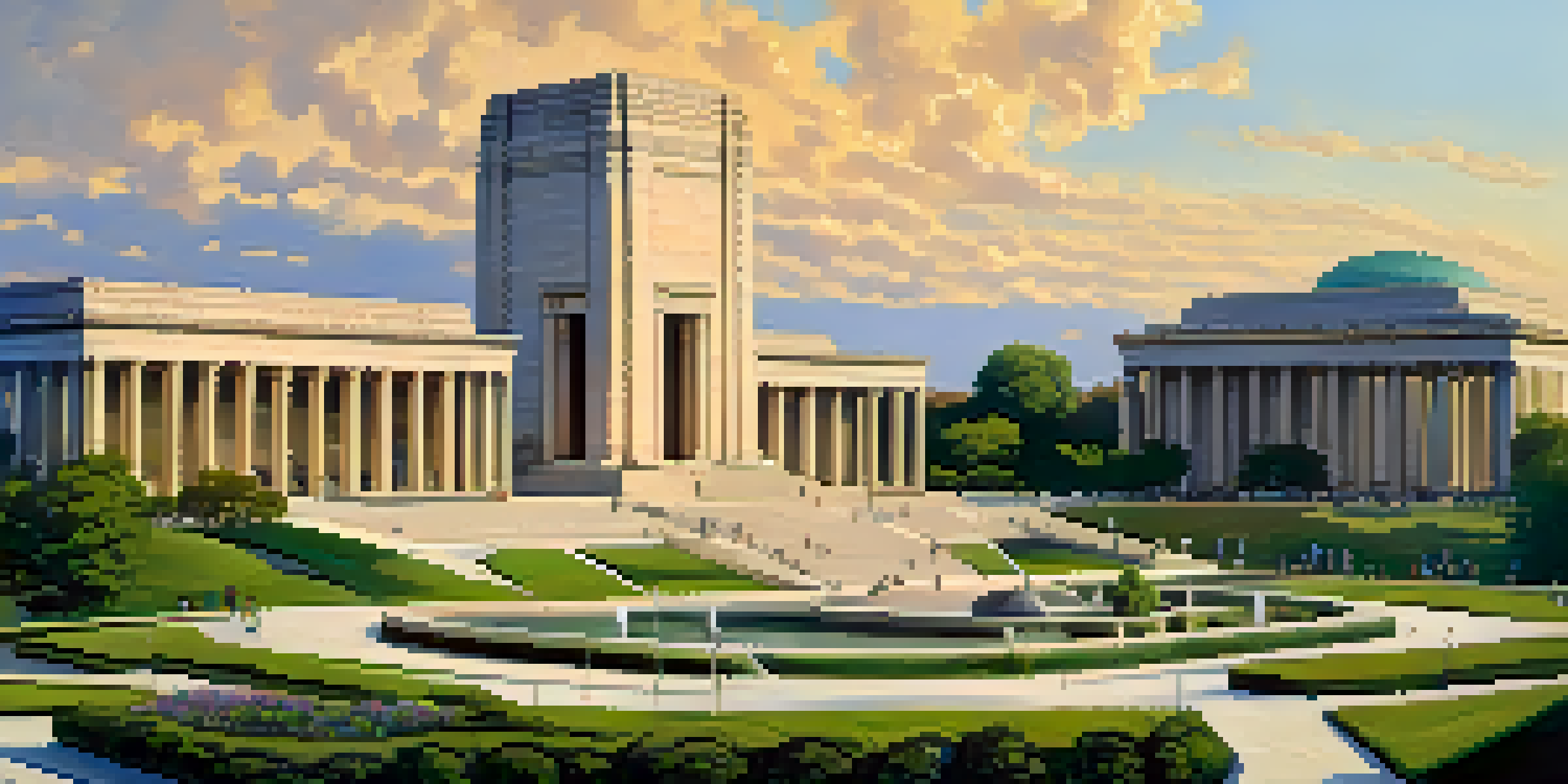 A wide view of Liberty Memorial with its tall tower and detailed sculptures, set in a green garden with people walking around on a sunny day.