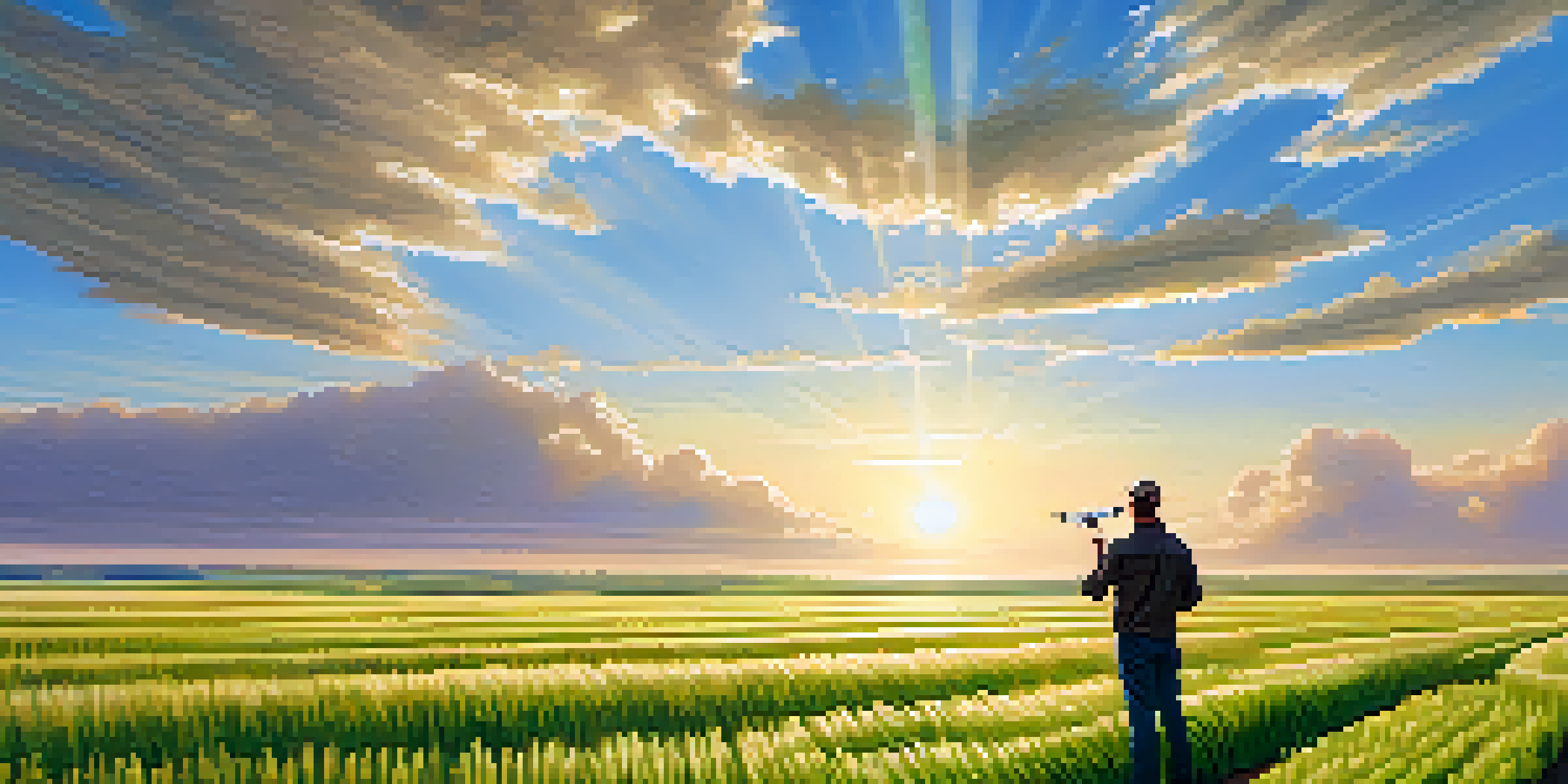 A farmer in the Great Plains inspecting green wheat fields with a drone, under a bright blue sky and warm sunlight.