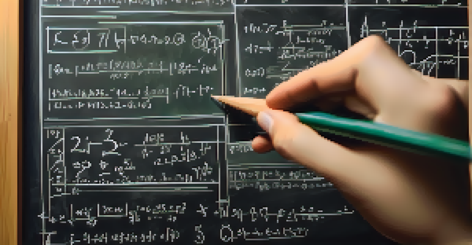 A teacher's hands writing mathematical equations on a chalkboard, with a blurred background.
