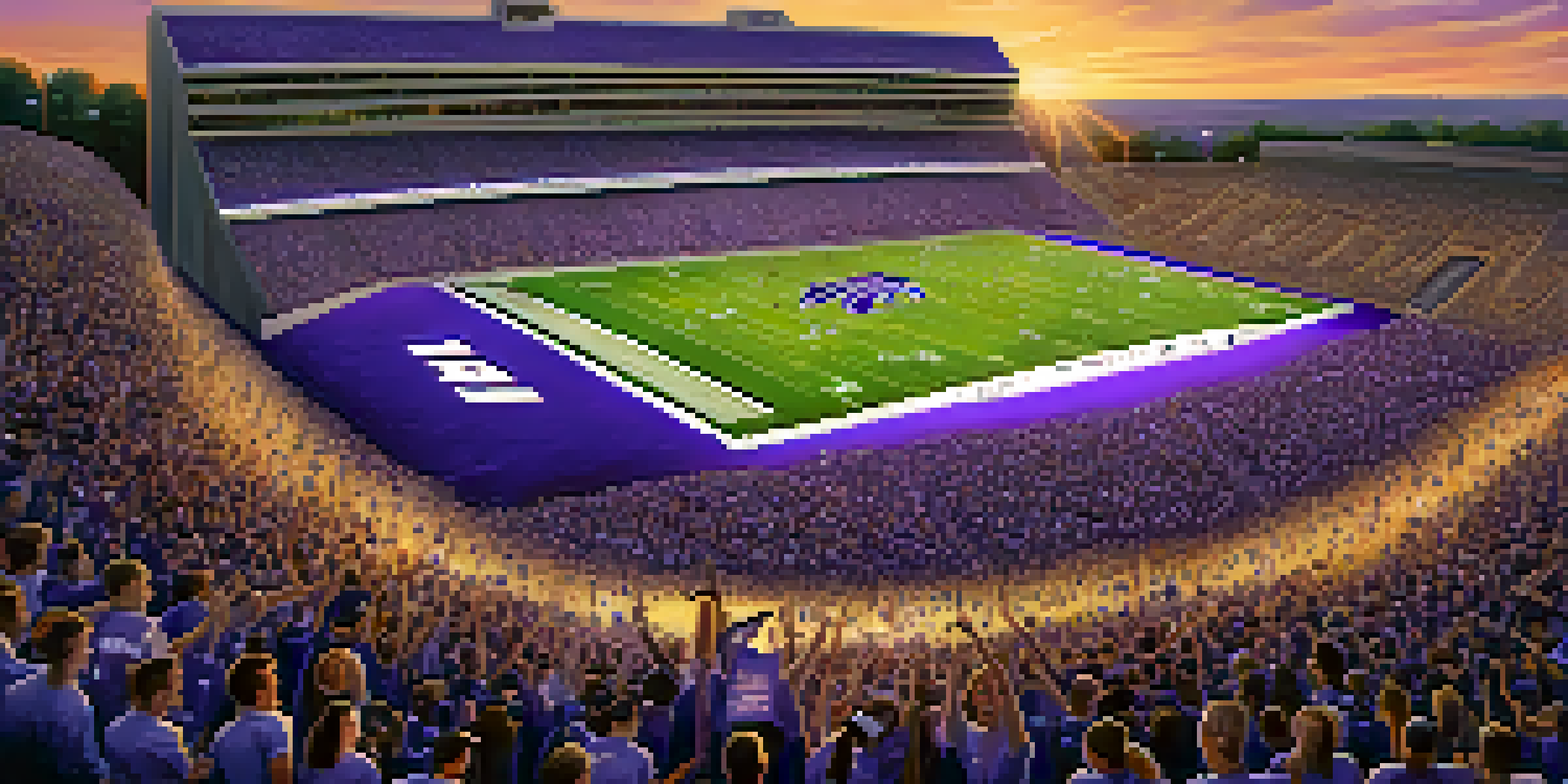 A crowded football stadium with fans in purple and white cheering, illuminated by a sunset.