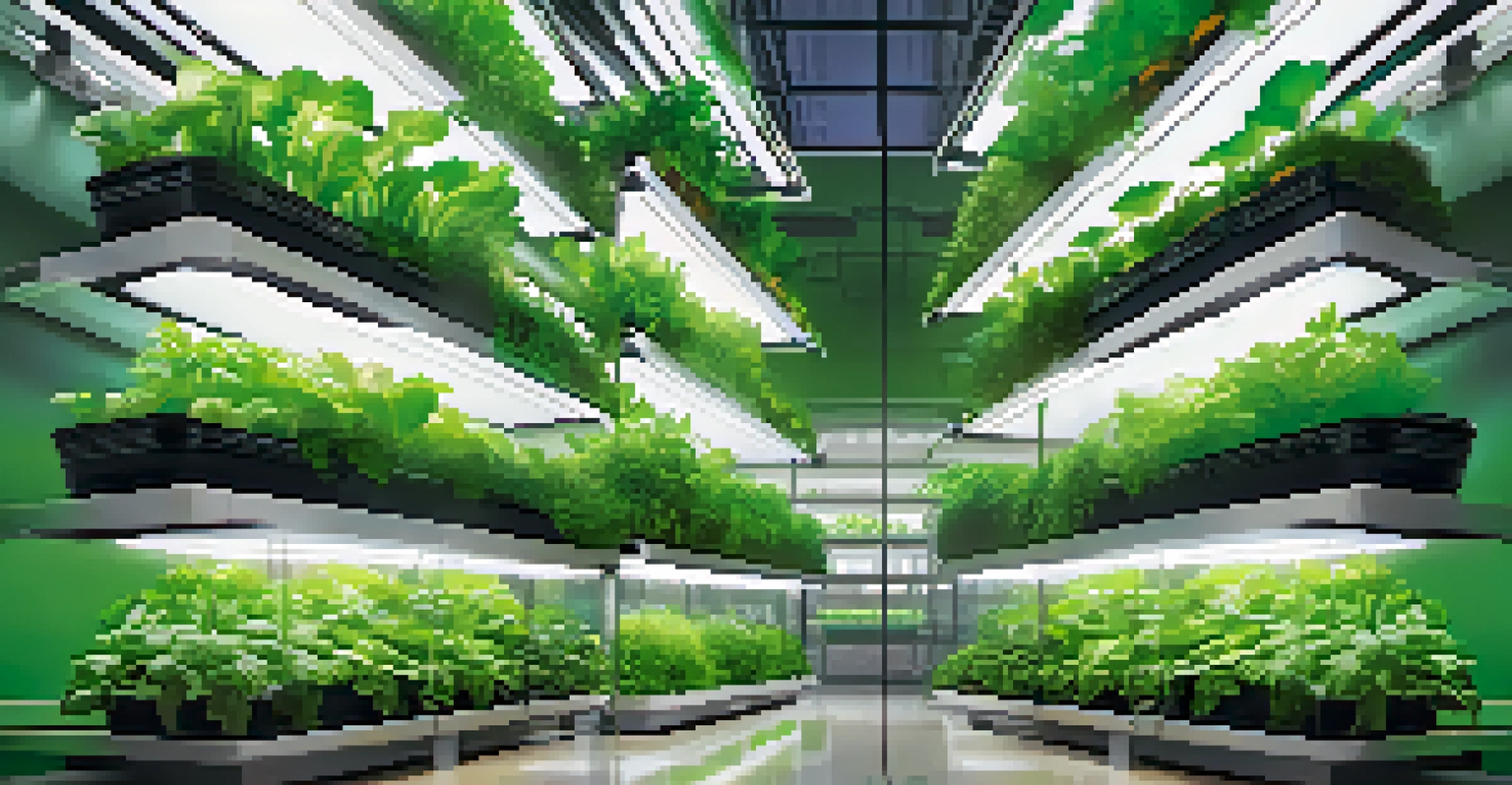 A vertical farm with stacked plants and hydroponic systems under bright grow lights in an urban Kansas environment.