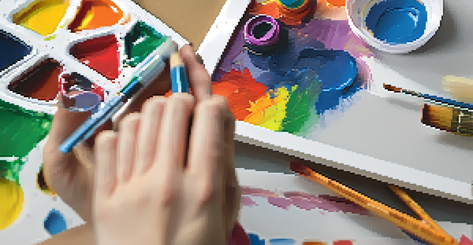 A close-up of a student's hands creating art, surrounded by various art supplies and a wall decorated with colorful student artwork.