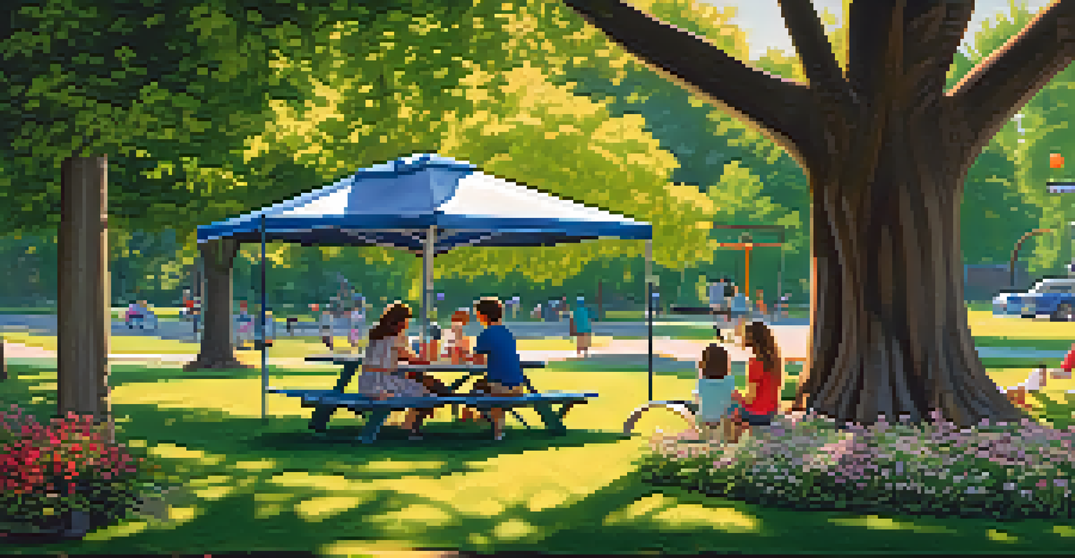 A family having a picnic on a blanket in Brookside Park, with children playing in the background and lush greenery surrounding the area.