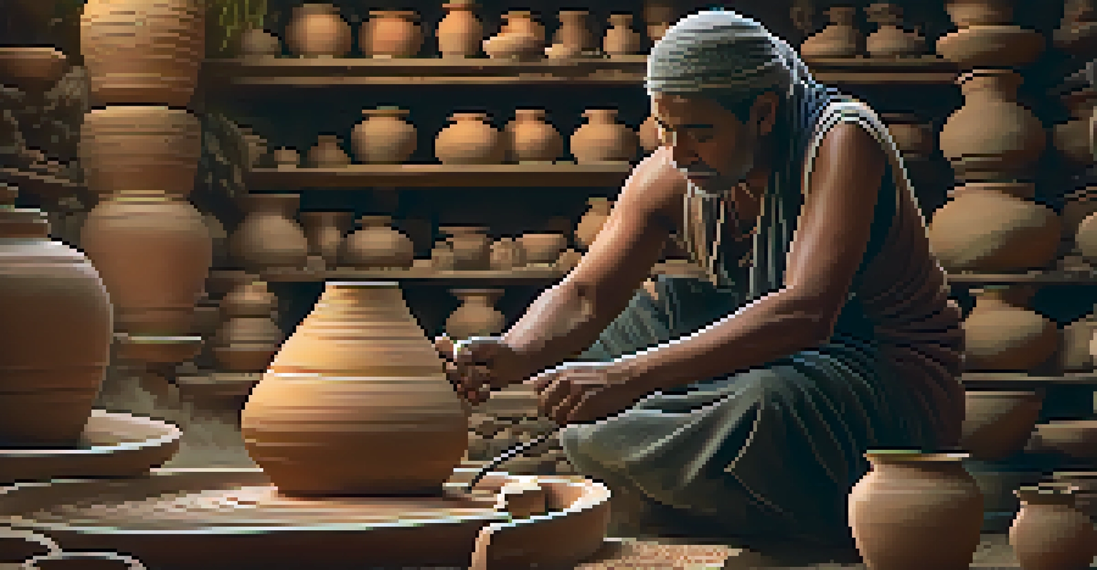 An artisan shaping clay pottery, with warm lighting and completed pottery pieces in the background.