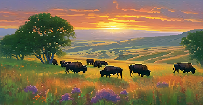 A serene sunset over Tallgrass Prairie National Preserve with bison grazing on green hills and vibrant wildflowers.