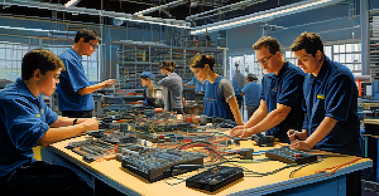An instructor demonstrating wiring techniques to students in a technical education workshop, surrounded by electronic components and tools.