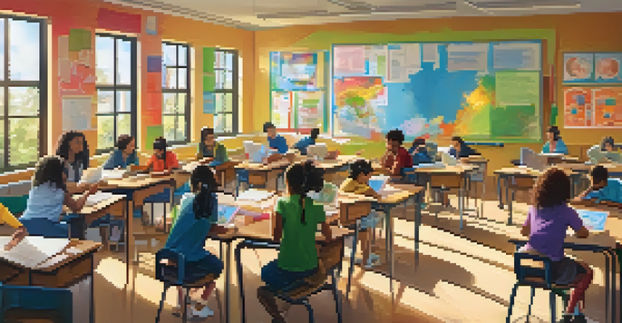 A lively classroom with diverse students working together, bright sunlight coming through the windows, and a teacher assisting a group.