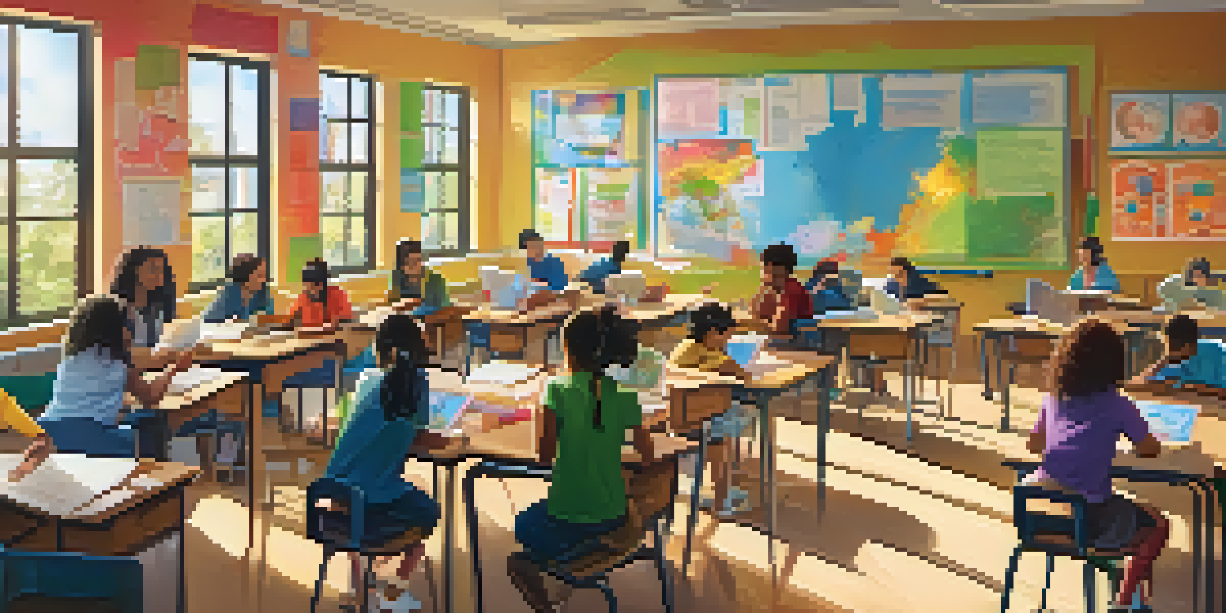 A lively classroom with diverse students working together, bright sunlight coming through the windows, and a teacher assisting a group.
