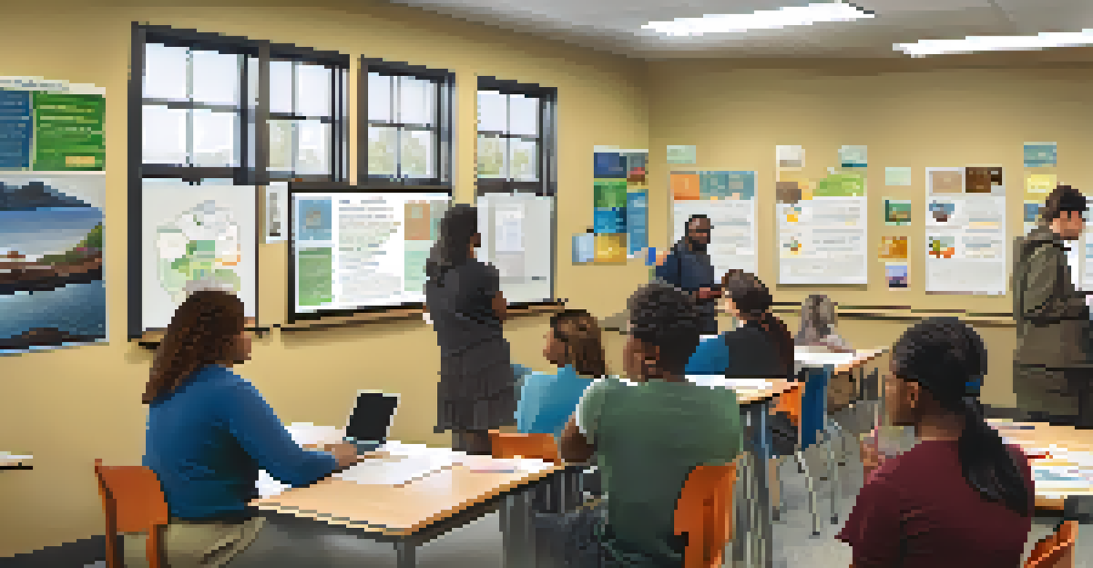An interactive community college classroom with diverse adult learners engaged in a lesson with an instructor.