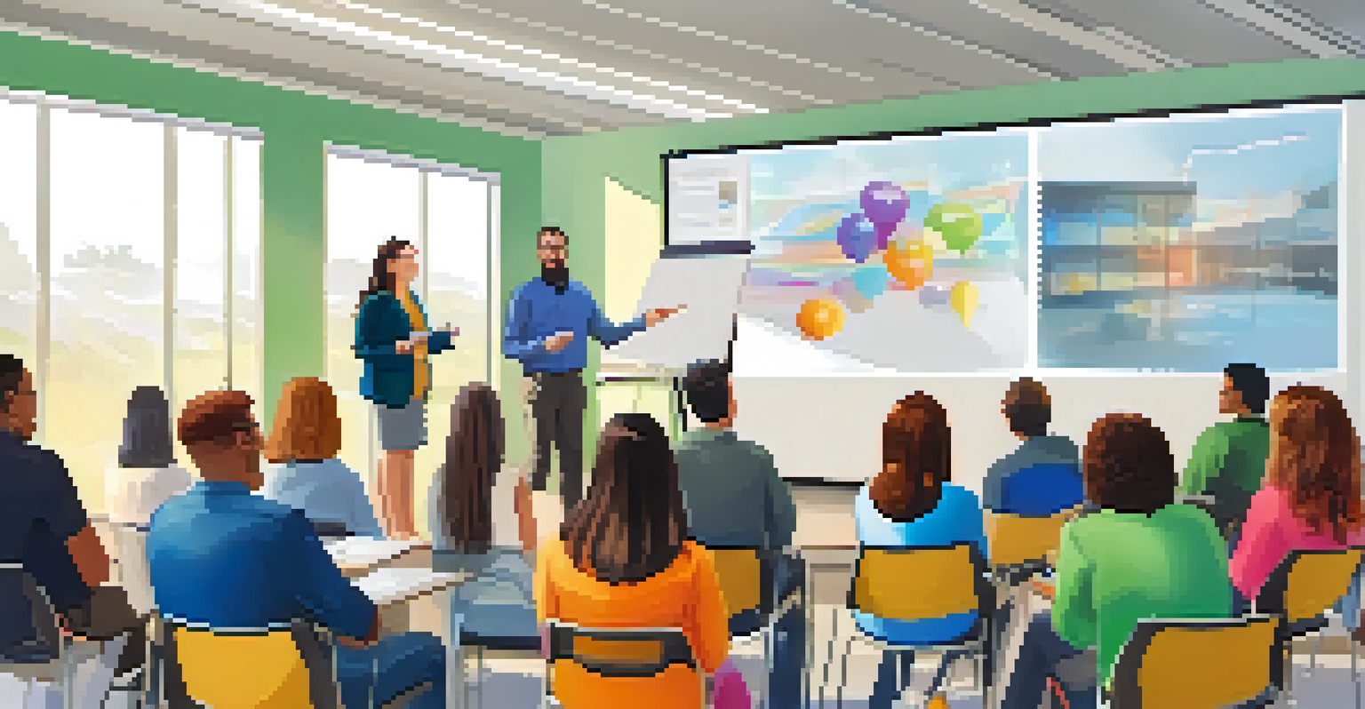 A teacher conducting a professional development workshop with educators in a bright training room, showcasing technology tools and fostering collaboration.