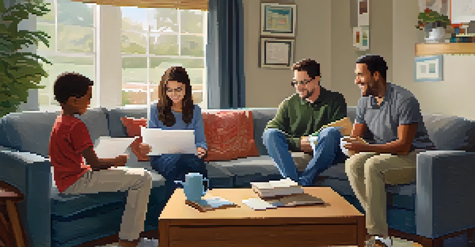 A family and a teacher discussing a child's education plan in a warm living room setting.