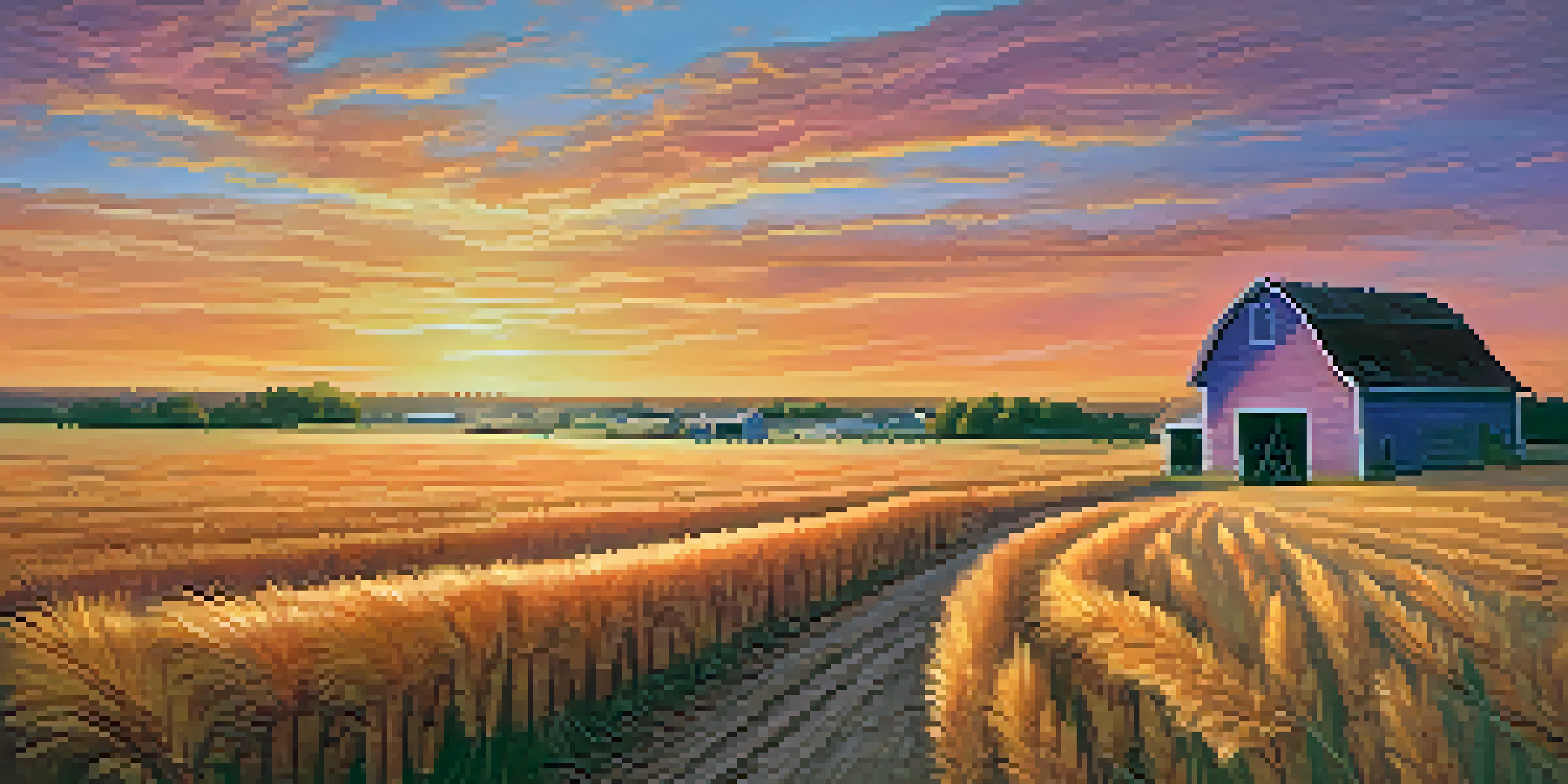 A scenic sunset view over Kansas fields with a barn and a dirt road.