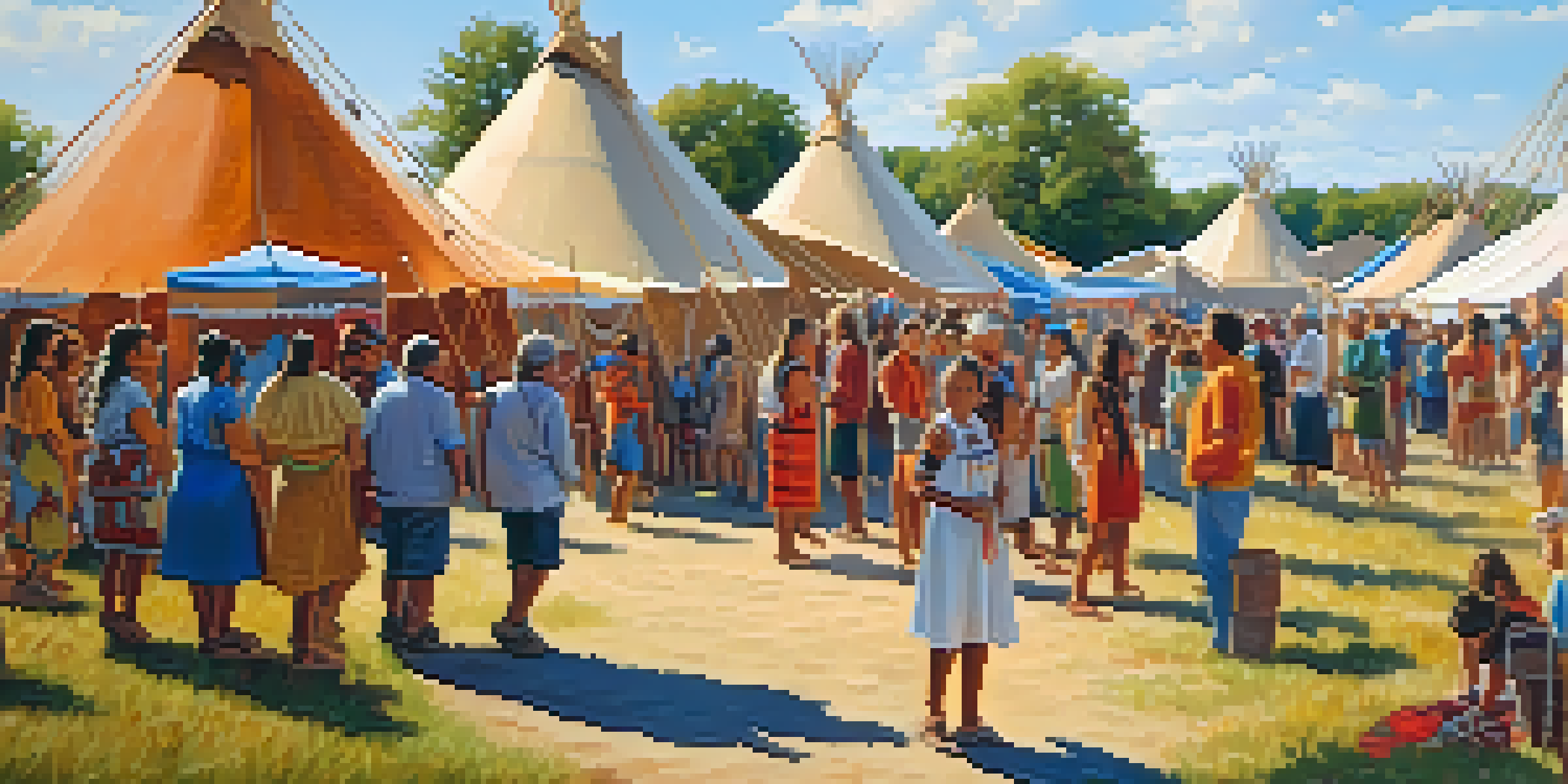 An outdoor Native American art festival in Kansas with colorful tents, pottery, and beadwork, people dancing, and warm sunlight.