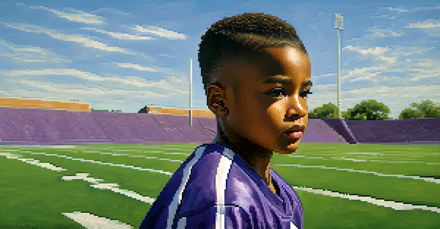A young athlete in a Kansas State Wildcats jersey practicing on a football field, showing determination.