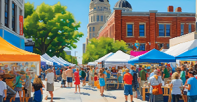 A busy Kansas City Art Festival with colorful art booths, artists interacting with visitors, and a bright blue sky overhead.
