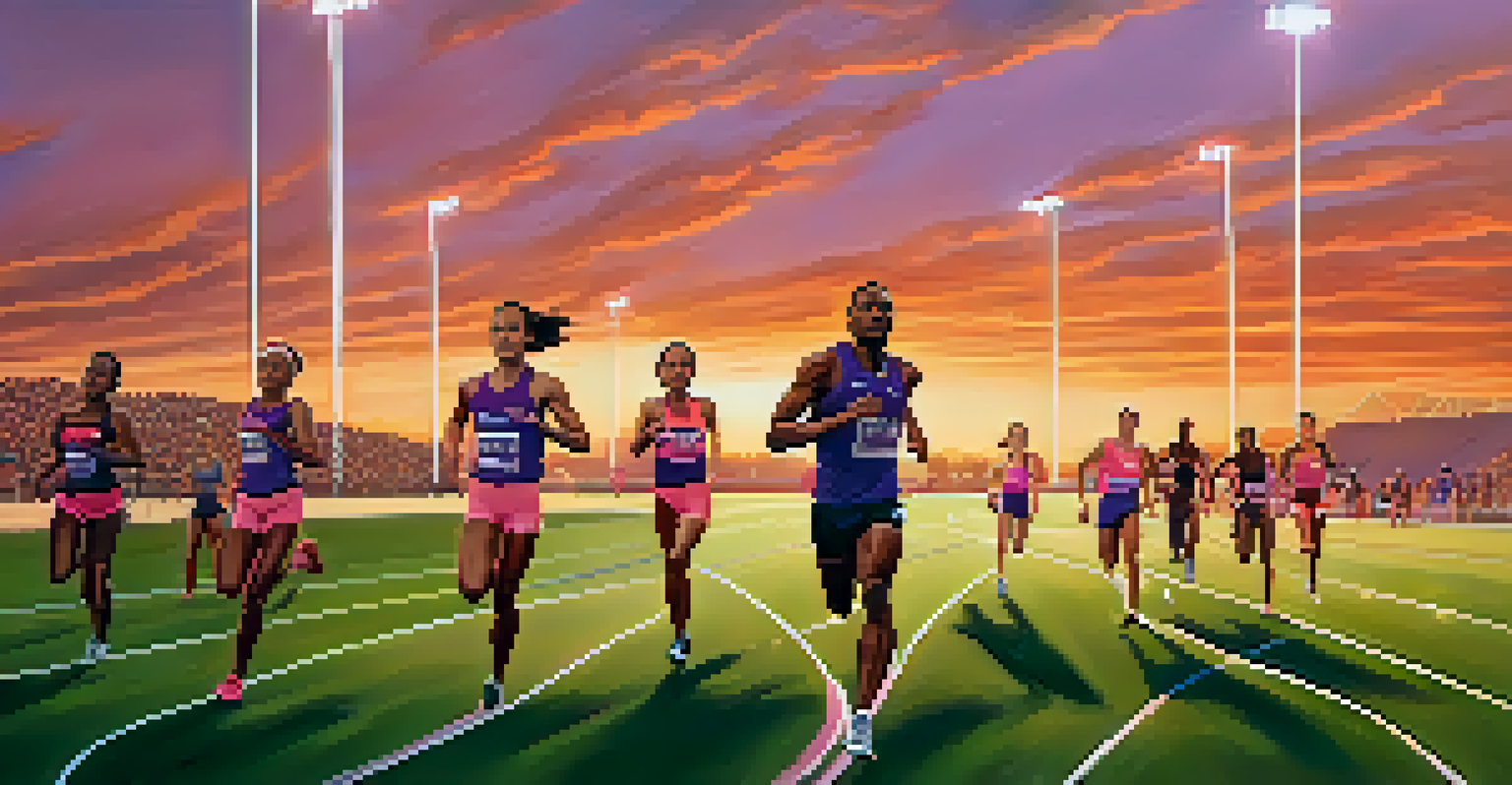 Kansas State athletes training on a track at sunset, showcasing teamwork and dedication with vibrant colors in the sky.