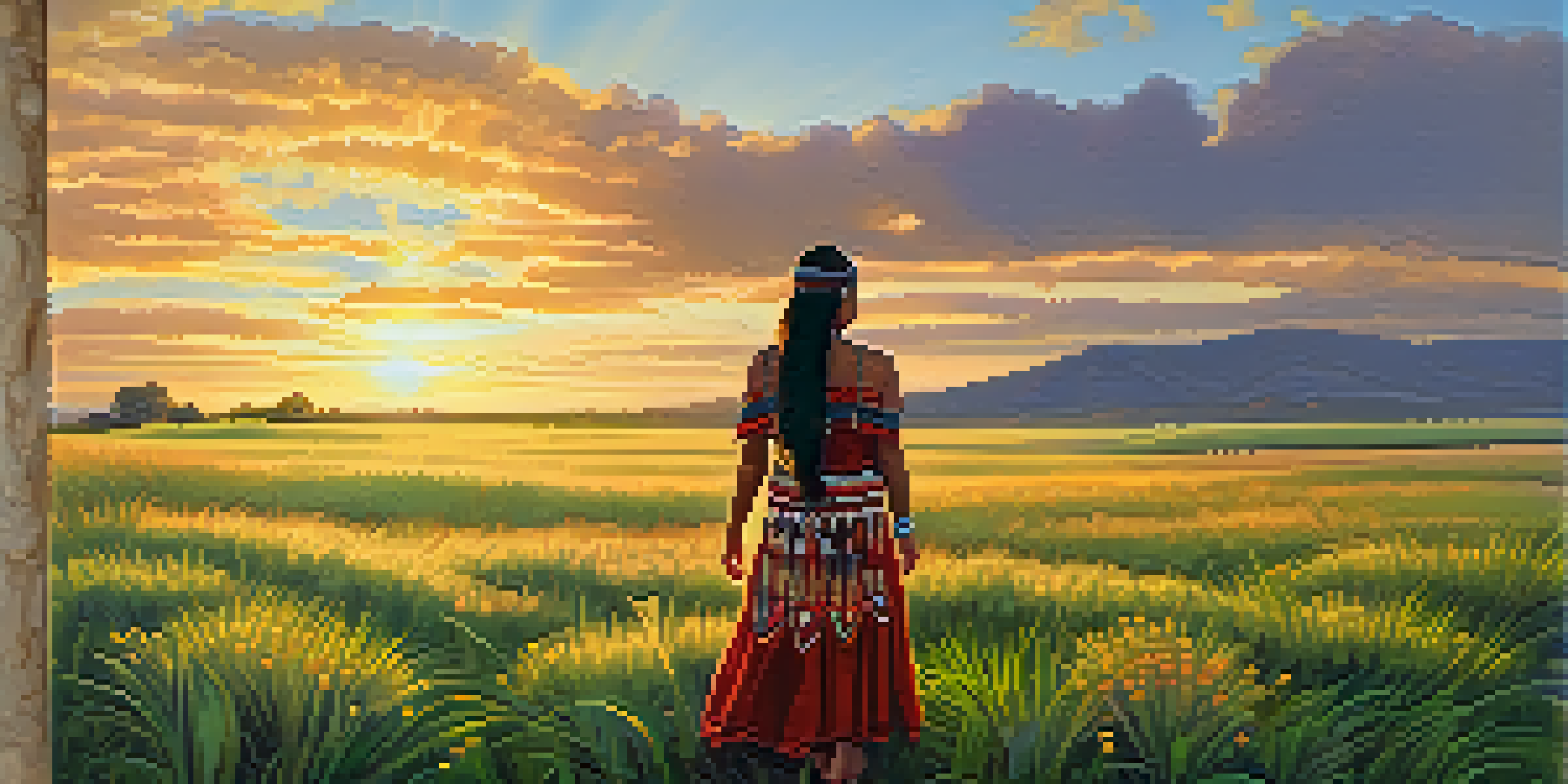 A Native American woman in traditional attire standing in a green field with wildflowers during sunset.