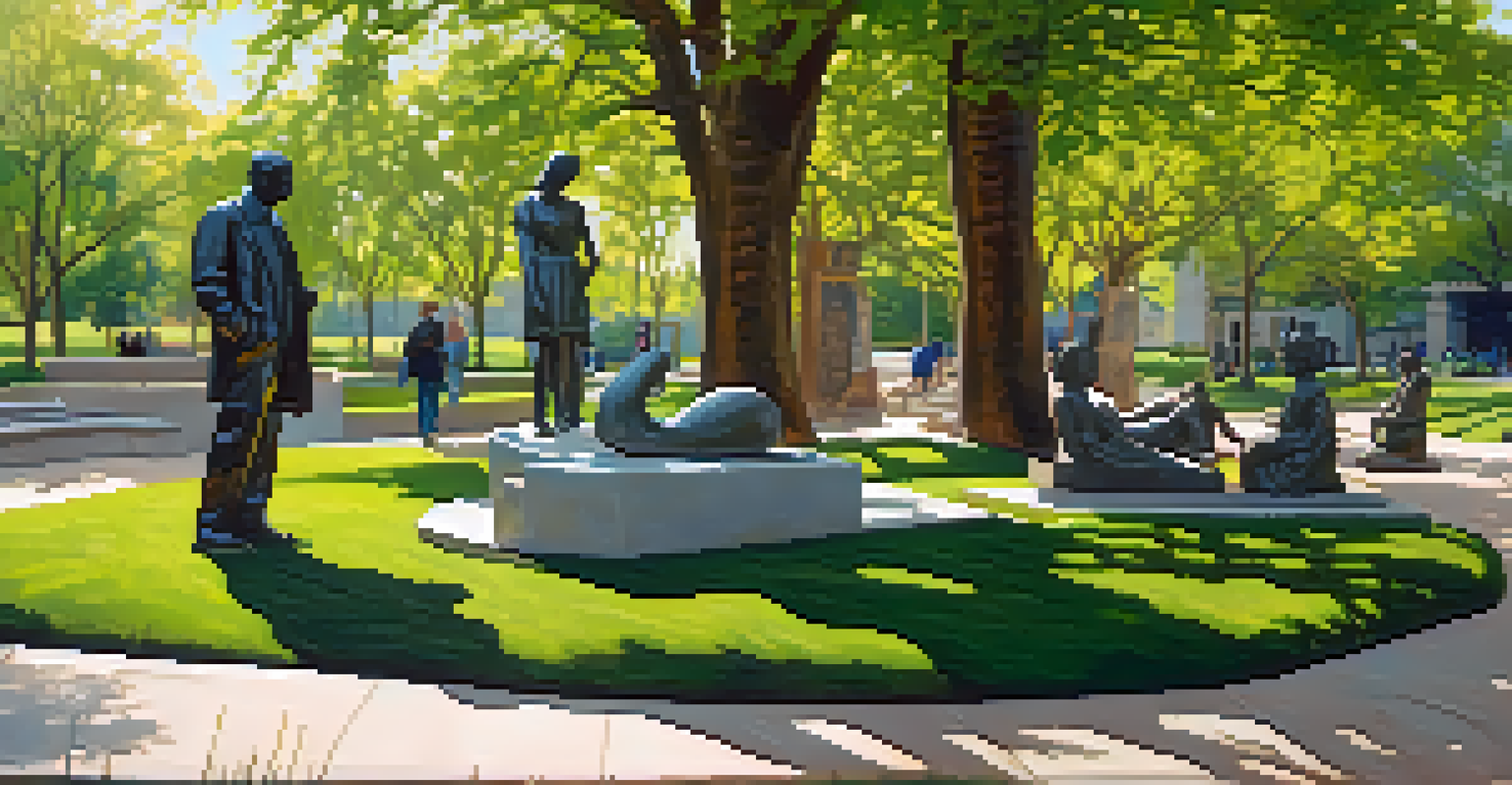 A peaceful sculpture park in Kansas City featuring various sculptures surrounded by greenery and people engaging.