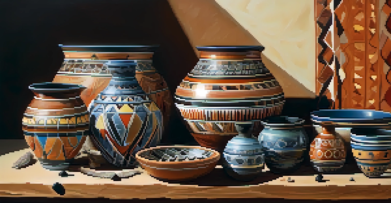 A close-up view of colorful Native American pottery with detailed patterns, displayed on a wooden table with natural elements.