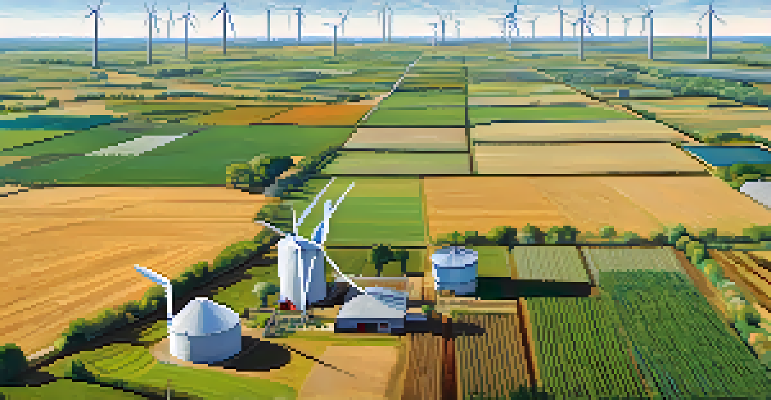 Aerial view of a sustainable Kansas farm with crop rotation and a community garden.