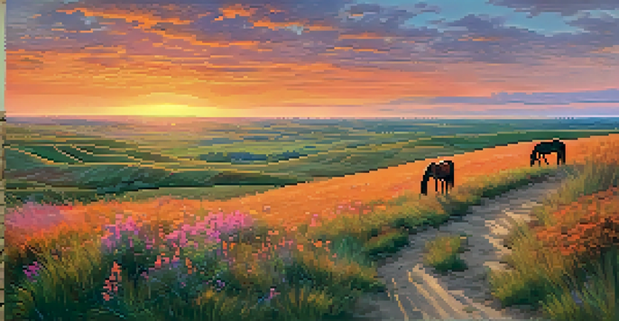 A sunset view over the Flint Hills of Kansas with tallgrass, wildflowers, and a grazing horse on a hilltop.