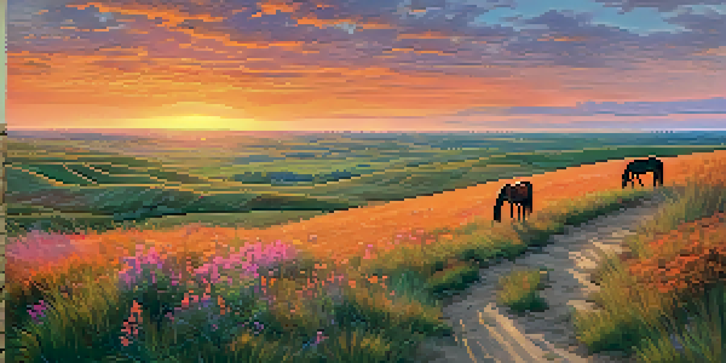 A sunset view over the Flint Hills of Kansas with tallgrass, wildflowers, and a grazing horse on a hilltop.