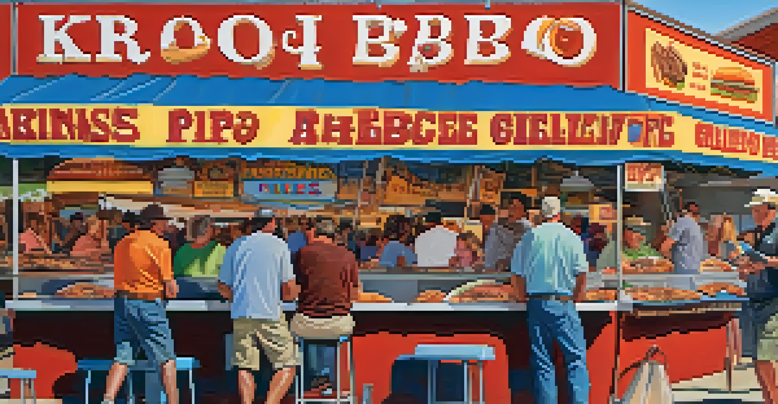 A food stall at the Kansas BBQ Festival showcasing delicious barbecue dishes and happy patrons.