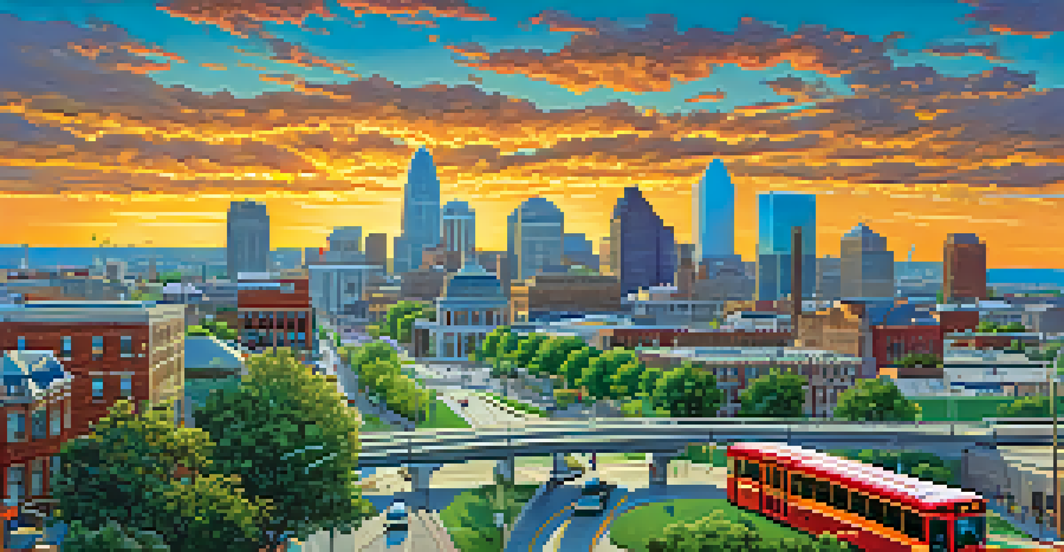 An aerial view of Kansas City with bus and streetcar routes, electric buses, bike lanes, and the city skyline in the background.