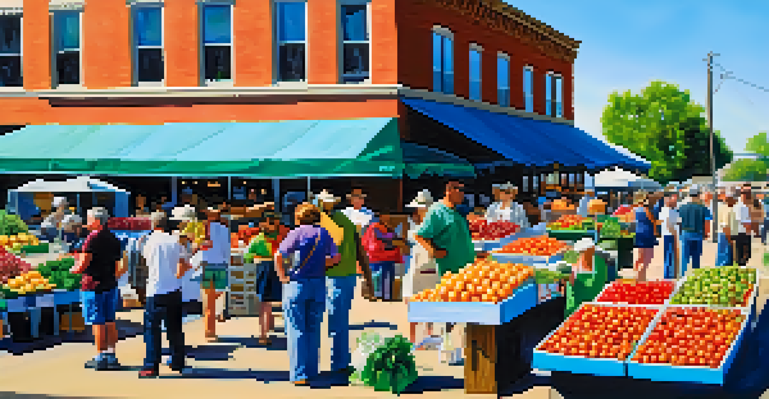 A lively farmers market with local produce and artisans, filled with families enjoying the community atmosphere.