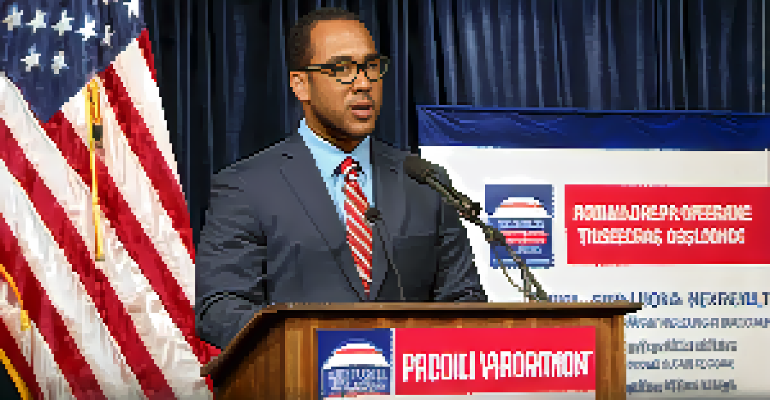 A local government official speaking at a podium during a community forum, highlighting their commitment to the community.