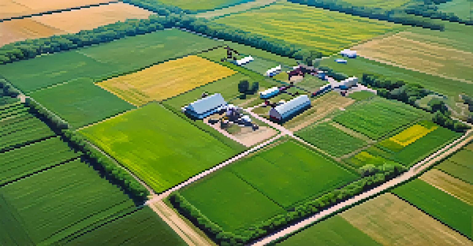 Aerial view of a Kansas farm with drones and precision farming equipment, set against a green landscape and blue sky.