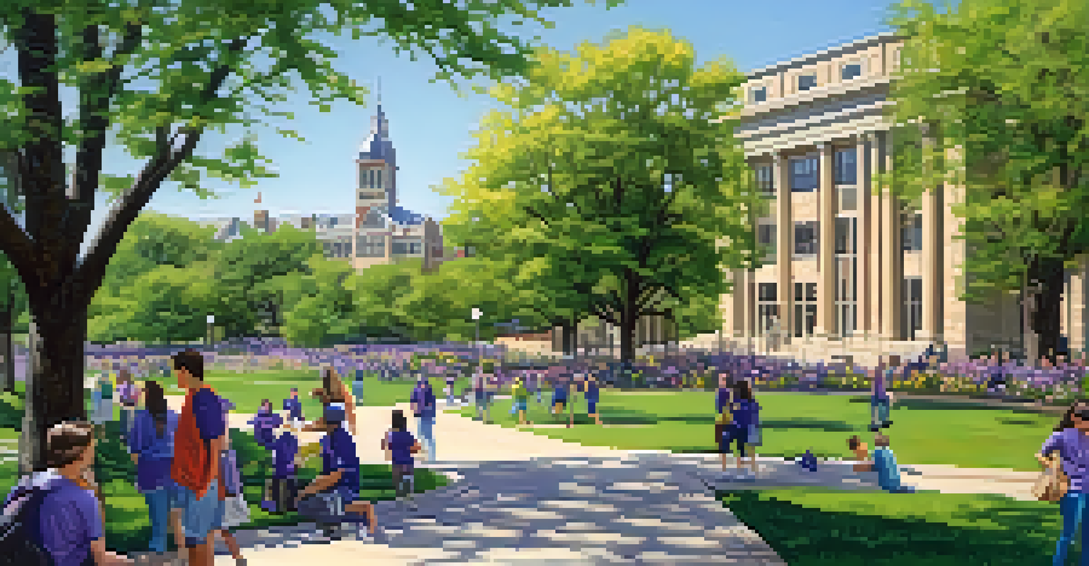 Kansas State University campus in spring with blooming flowers and students in school colors enjoying the outdoors.