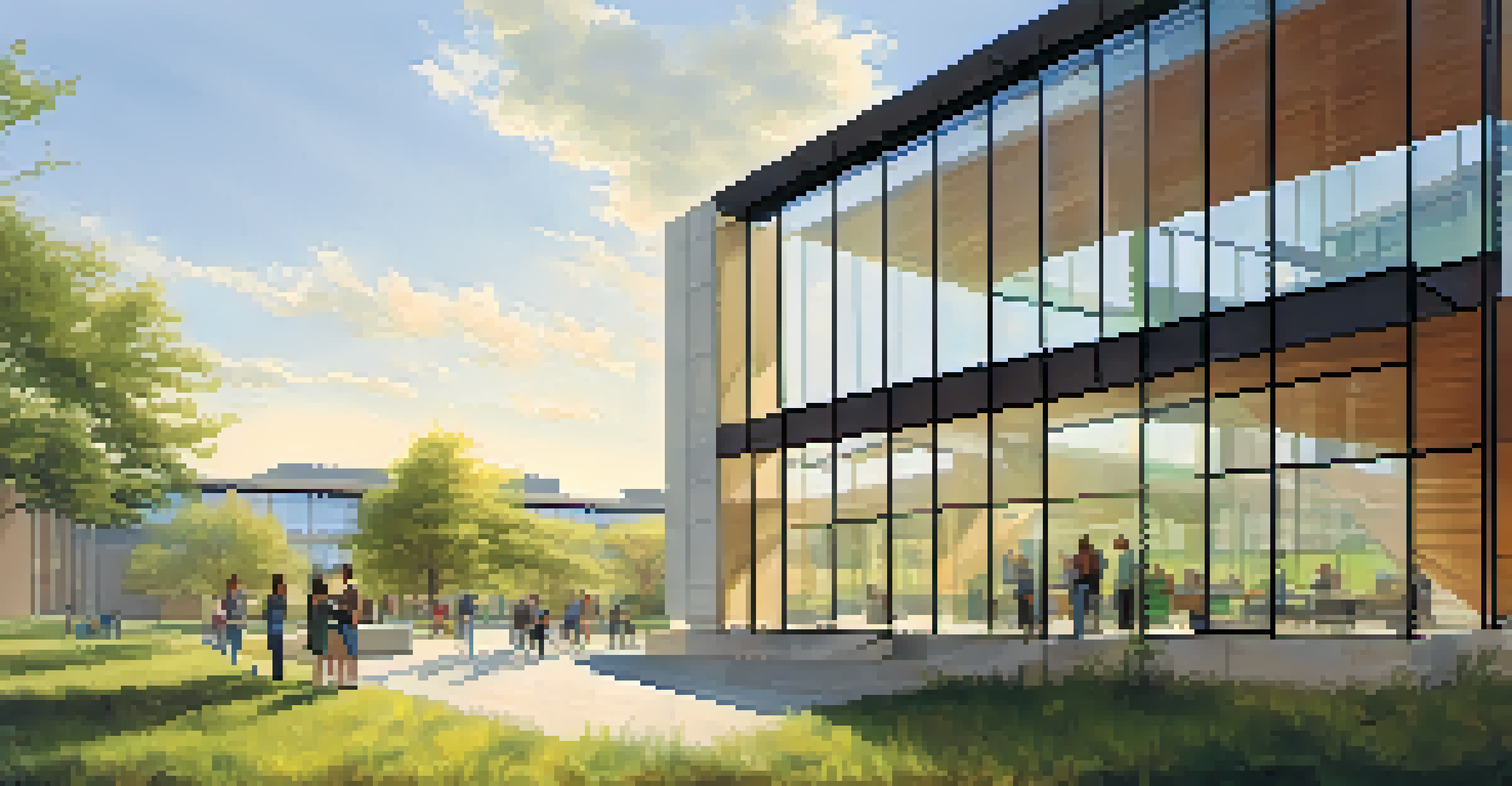 A modern building at Kansas State University with glass and steel design, showcasing students collaborating outside under the sunlight.