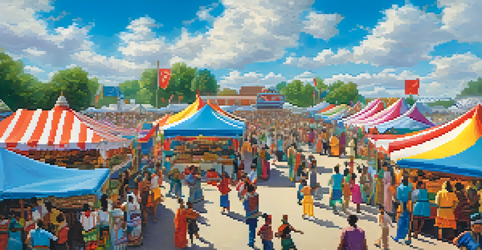 A lively festival scene featuring food stalls and dancers in traditional attire, celebrating cultural diversity.