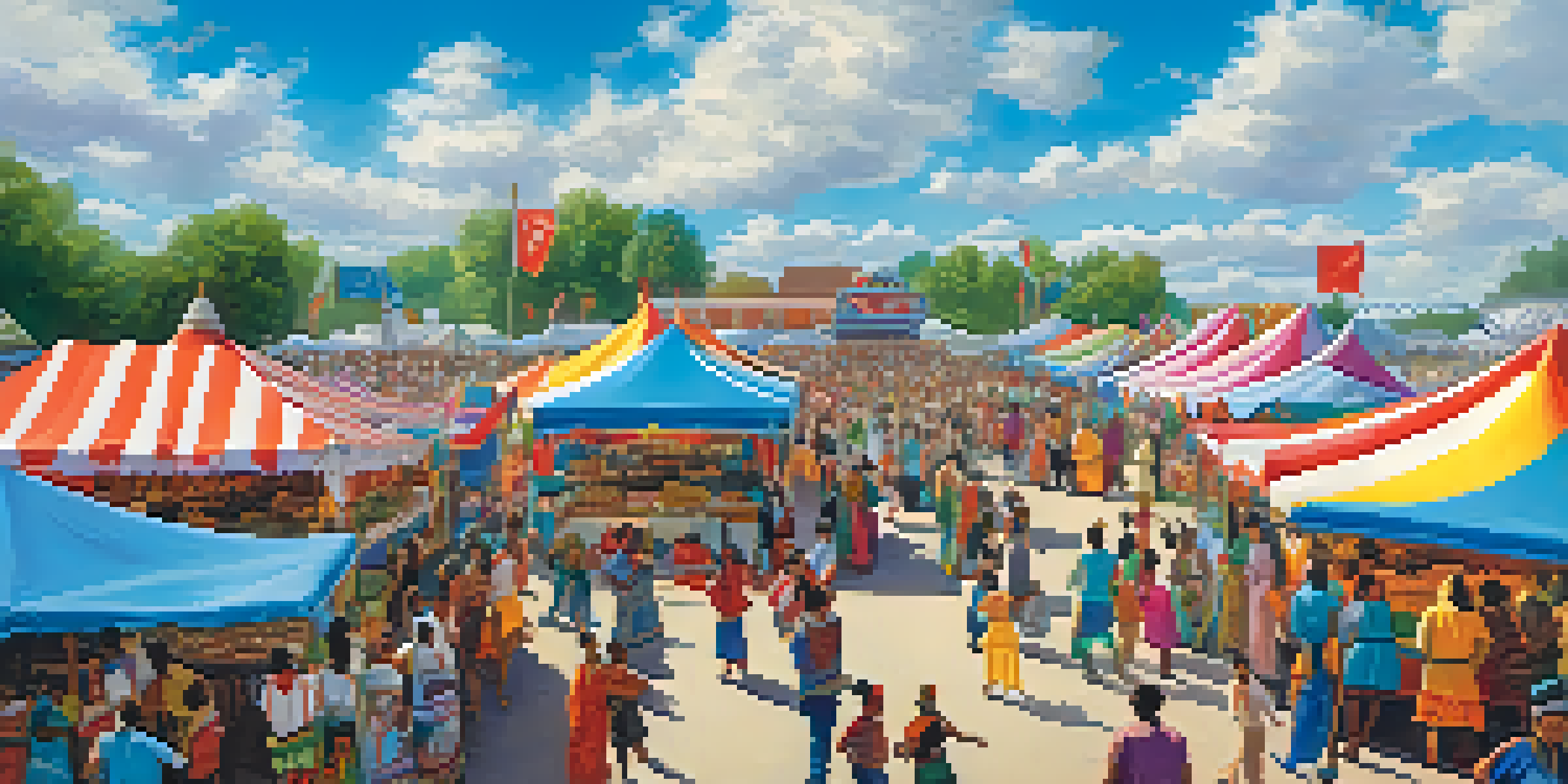 A lively festival scene featuring food stalls and dancers in traditional attire, celebrating cultural diversity.