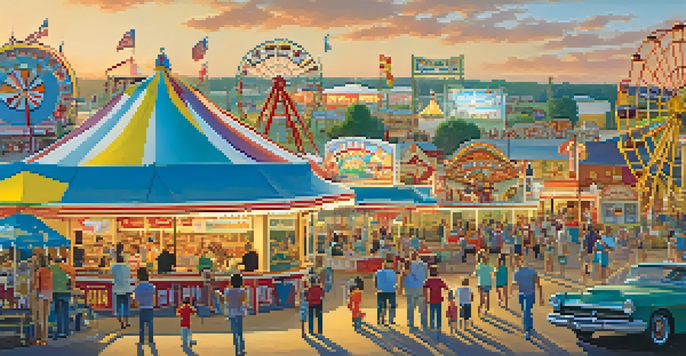A lively Kansas State Fair scene with colorful rides, food stalls, and families enjoying the festivities under a blue sky.