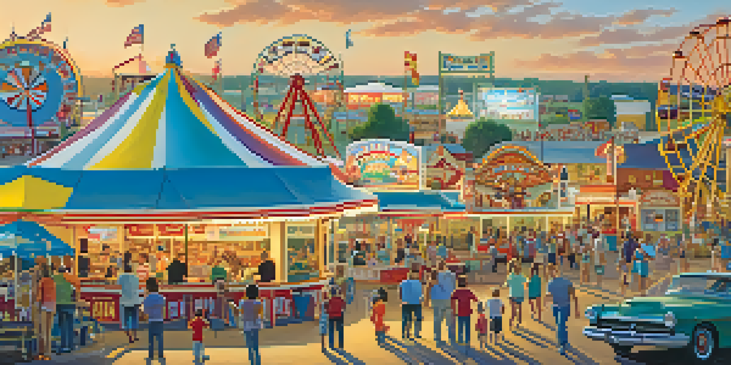 A lively Kansas State Fair scene with colorful rides, food stalls, and families enjoying the festivities under a blue sky.